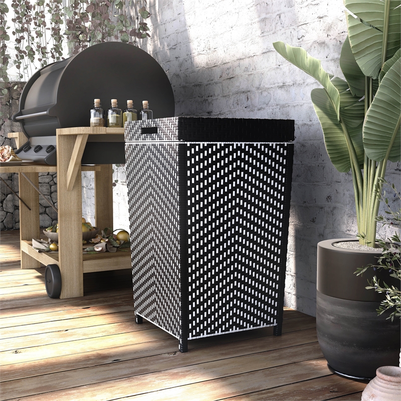 Pemberly Row Outdoor Aluminum & Wicker Outdoor Trash Can in Black