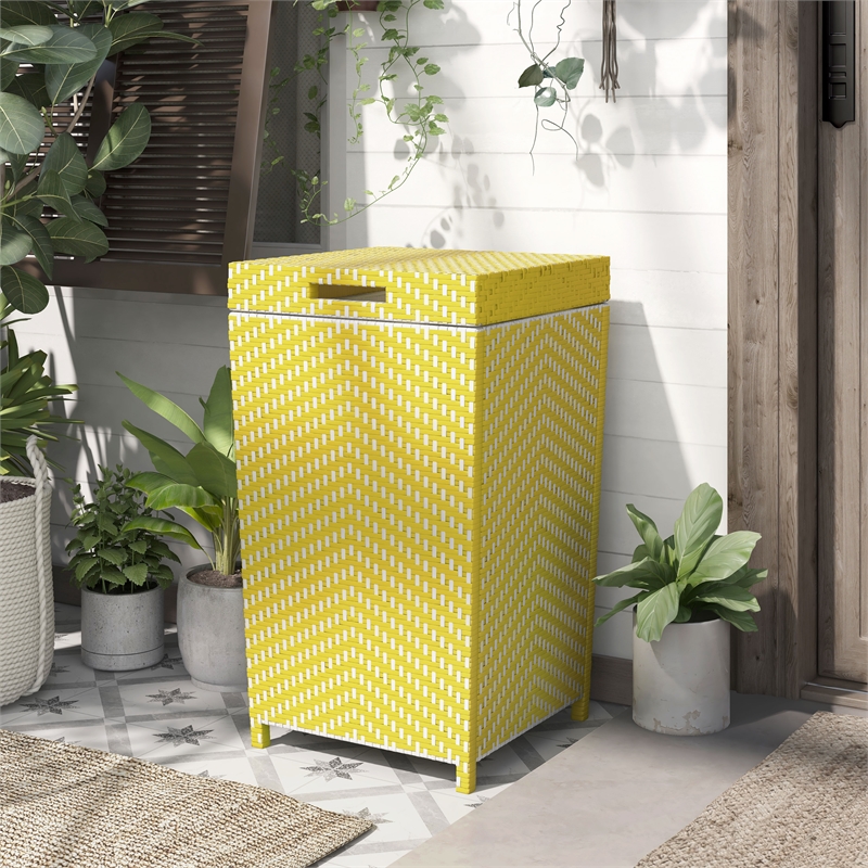 Pemberly Row Outdoor Aluminum & Wicker Outdoor Trash Can in Yellow