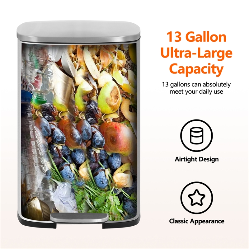 Pemberly Row 13 Gallon Stainless Steel Step Foot Pedal Trash Can in Silver