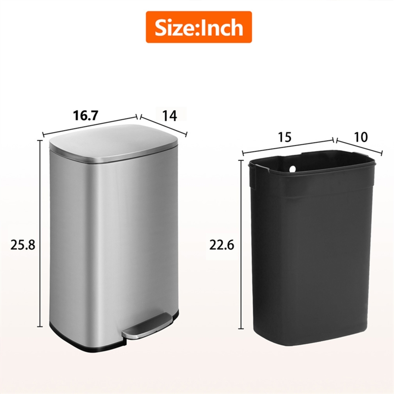 Pemberly Row 13 Gallon Stainless Steel Step Foot Pedal Trash Can in Silver