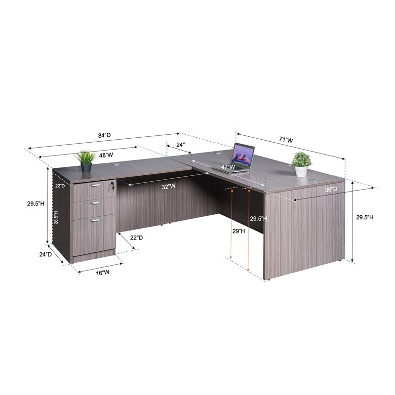 Pemberly Row Contemporary Engineered Wood L-Shape Desk with Pedestal in Mocha
