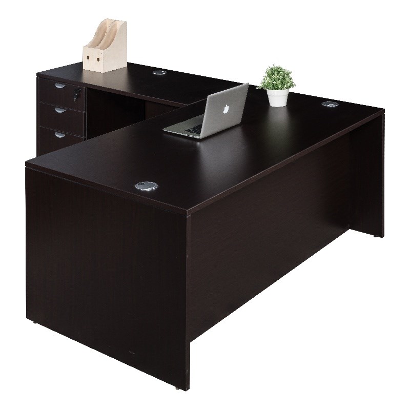 Pemberly Row Contemporary Engineered Wood L-Shape Desk with Pedestal in Mocha