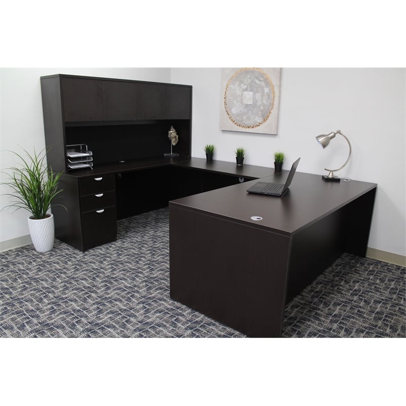 Pemberly Row U-Shape Desk Credenza with Pedestal and Hutch in Mocha
