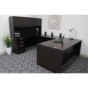 Pemberly Row U-Shape Desk Credenza with Pedestal and Hutch in Mocha