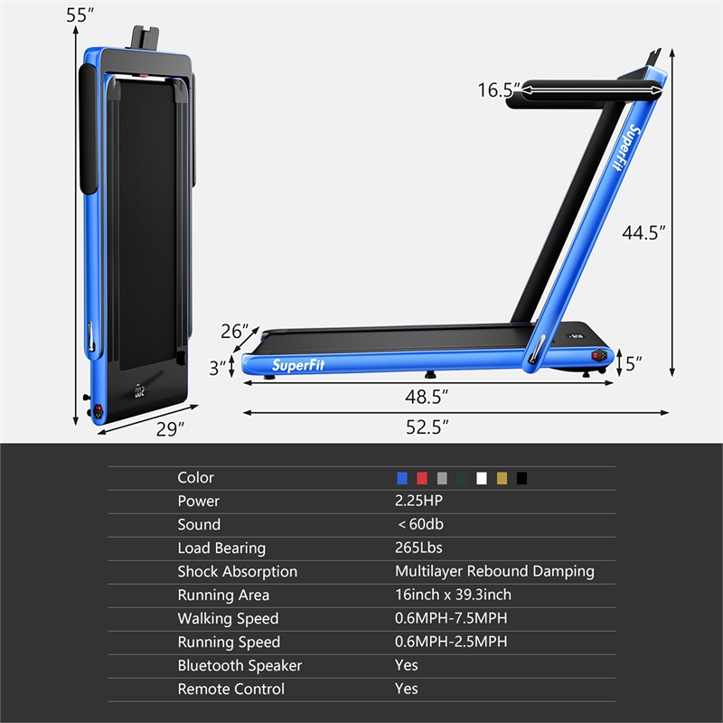 Pemberly Row Up To 7.5MPH 2.25HP Single Display Screen Treadmill in Blue