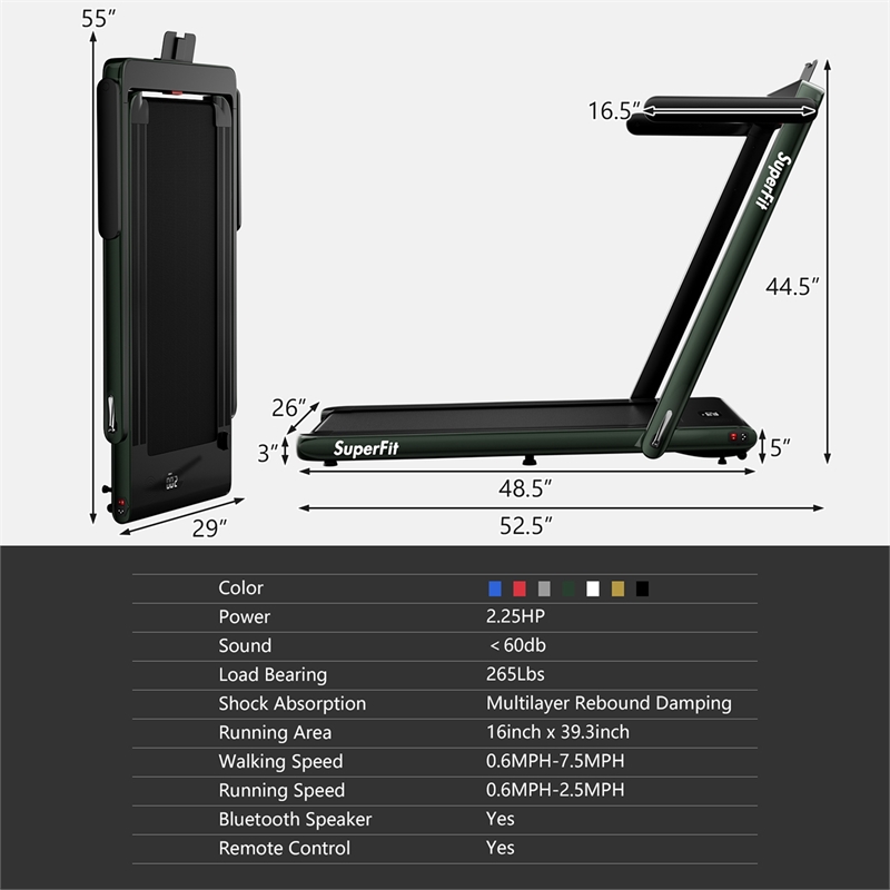 Pemberly Row Up To 7.5MPH 2.25HP Single Display Screen Treadmill in Green