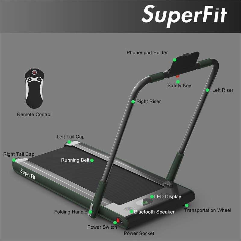 Pemberly Row 2.25HP 2 in 1 Green Plastic Folding Treadmill with Remote Control