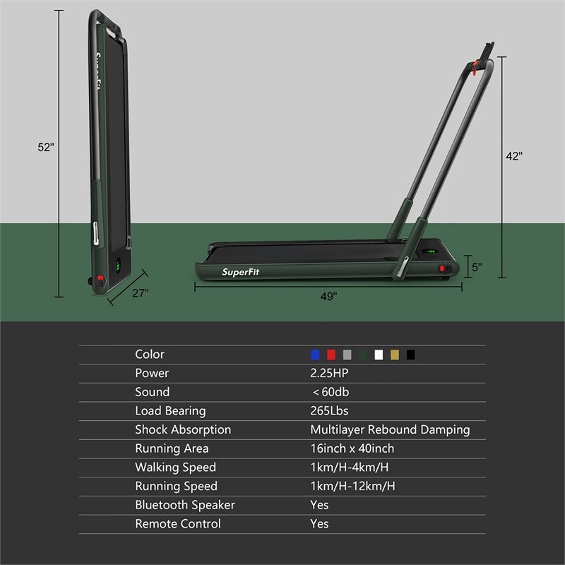 Pemberly Row 2.25HP 2 in 1 Green Plastic Folding Treadmill with Remote Control