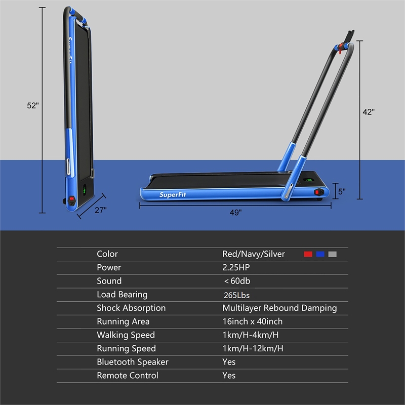 Pemberly Row 2.25HP 2 in 1 Navy Folding Under Desk Treadmill Remote Control