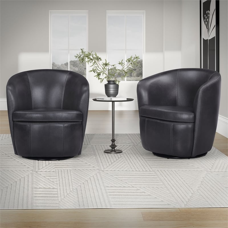 Pemberly Row Vintage Onyx Italian Leather Swivel Club Chair 2 Pack