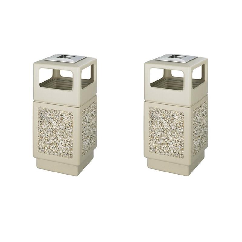 Pemberly Row Set of 2 Aggregate Panel 38 Gallon Trash Cans with Ash Urn in Beige