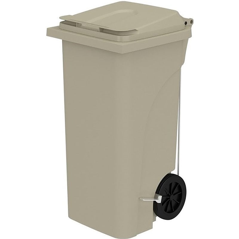 Pemberly Row Set of 2 Plastic Step-On Touchless 32 Gallon Trash Cans in Tan