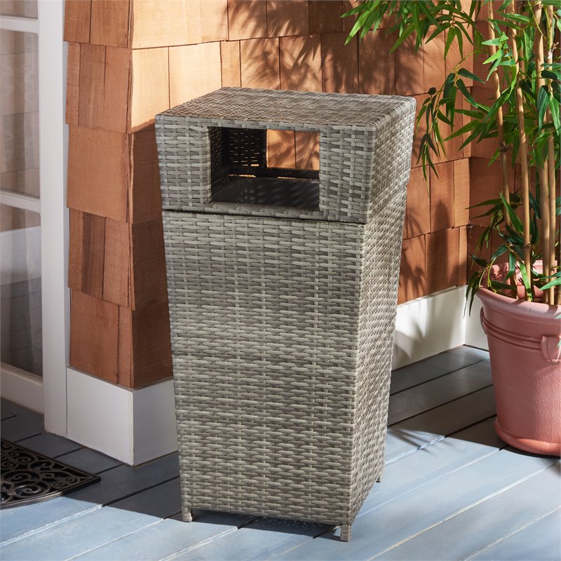 Pemberly Row Set of 2 Polyester Wicker/Steel Patio Trash Bins in Gray