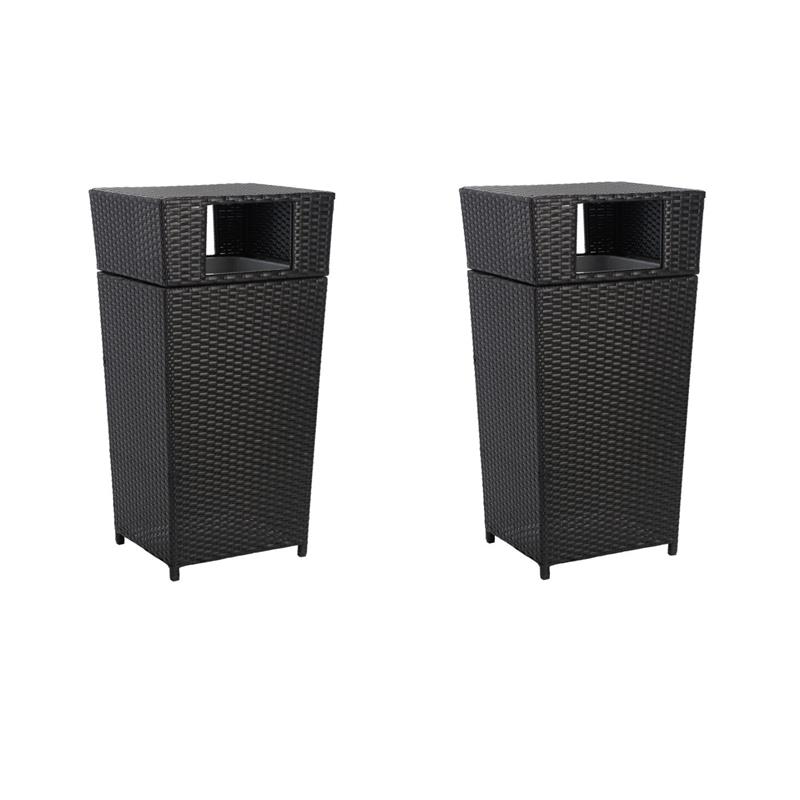 Pemberly Row Set of 2 Polyester Wicker/Steel Patio Trash Bins in Black
