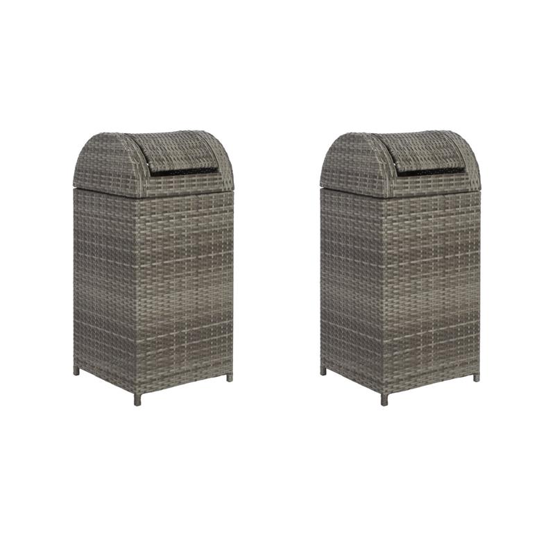 Pemberly Row Set of 2 Polyester Wicker/Steel Patio Trash Bins in Gray