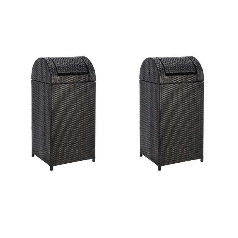 Pemberly Row Set of 2 Polyester Wicker/Steel Patio Trash Bins in Black