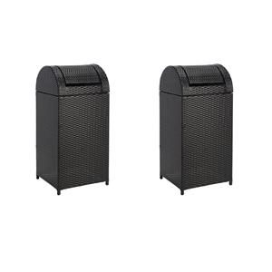 Pemberly Row Set of 2 Polyester Wicker/Steel Patio Trash Bins in Black