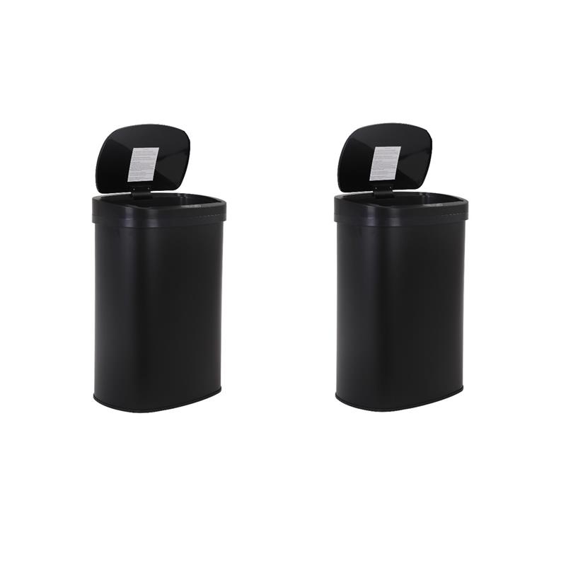 Pemberly Row Set of 2 13 Gallon Steel Motion Sensor Automatic Black Trash Cans
