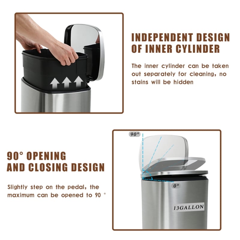 Pemberly Row Set of 2 13 Gallon Stainless Steel Silver Step Foot Pedal Trash Can