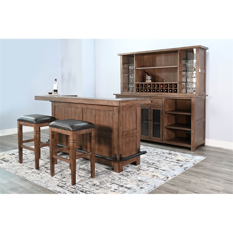 Pemberly Row Set of 3 Wood Bar Unit and 2 Ladderback Barstool in Natural Brown