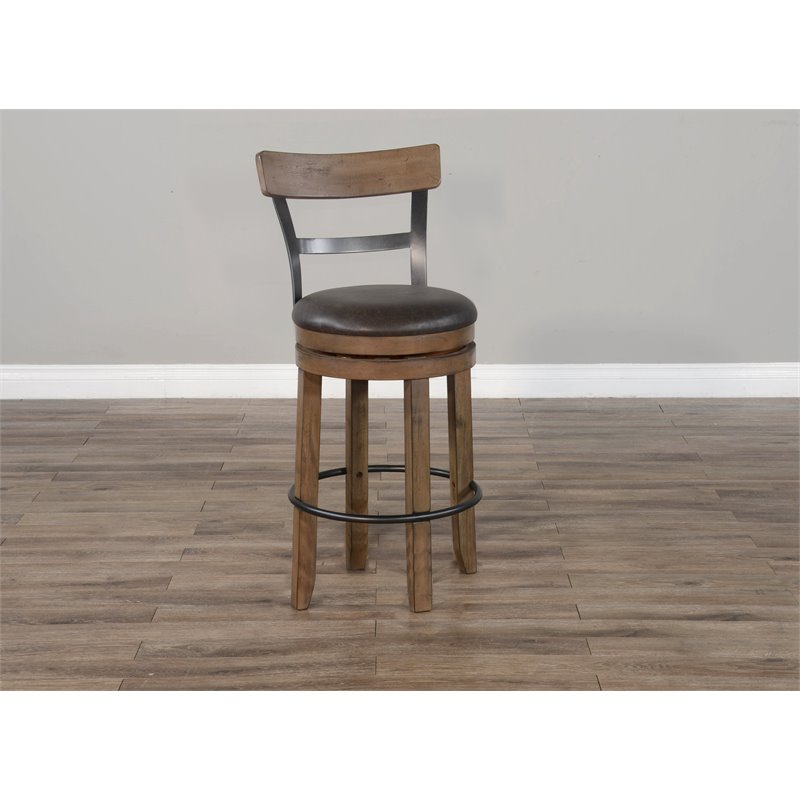 Pemberly Row Set of 3 Natural Brown Wood Bar Unit & 2 Swivel Barstool with Back
