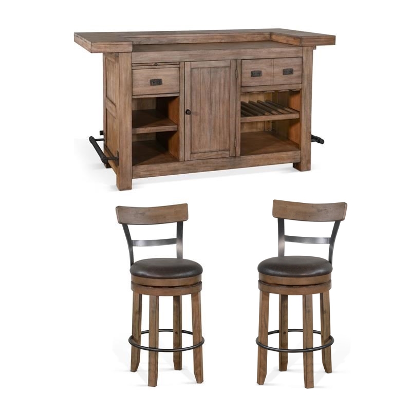 Pemberly Row Set of 3 Natural Brown Wood Bar Unit & 2 Swivel Barstool with Back