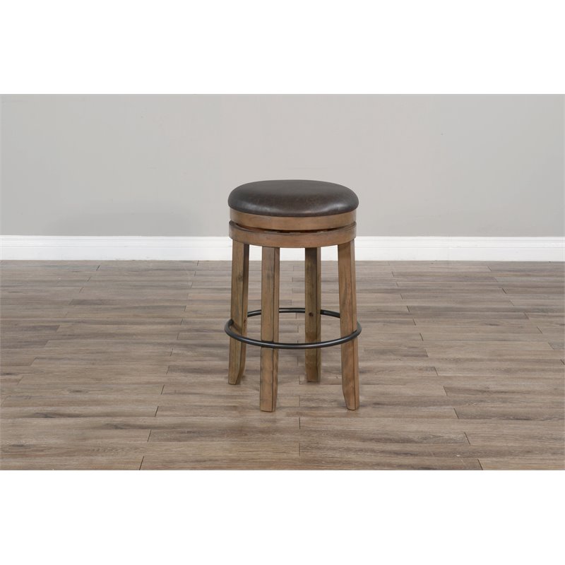 Pemberly Row Set of 3 Natural Brown Wood Bar Unit and 2 Backless Swivel Barstool