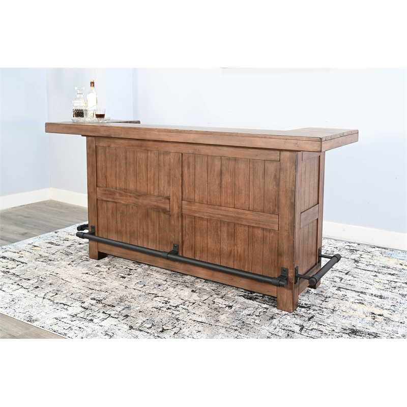 Pemberly Row Set of 3 Natural Brown Wood Bar Unit and 2 Backless Swivel Barstool