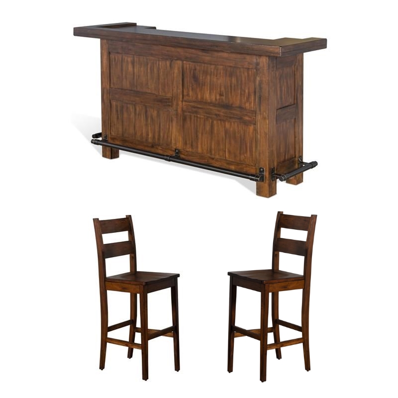 Pemberly Row Set of 3 Wood Bar Unit and 2 Ladderback Barstool - Polished Brown