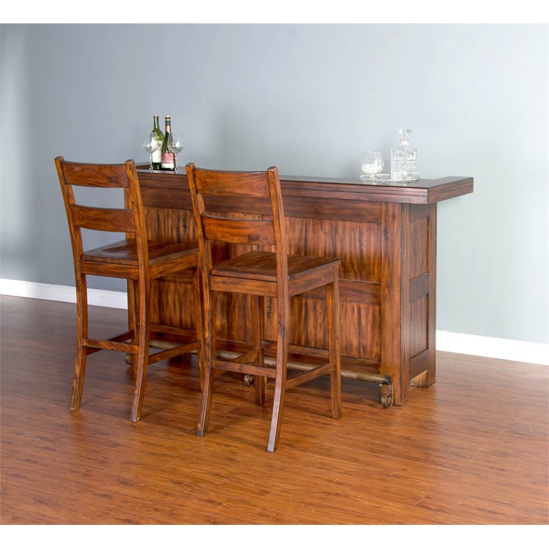 Pemberly Row Set of 3 Wood Bar Unit and 2 Ladderback Barstool - Polished Brown