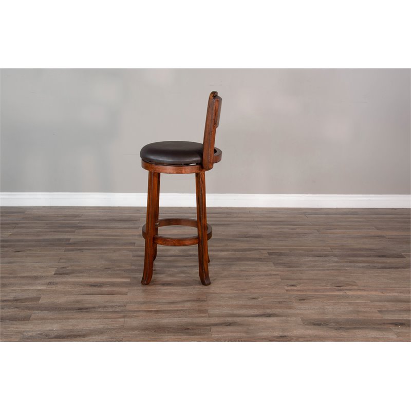 Pemberly Row Set of 3 Polished Brown Wood Bar Unit & 2 Swivel Barstool with Back