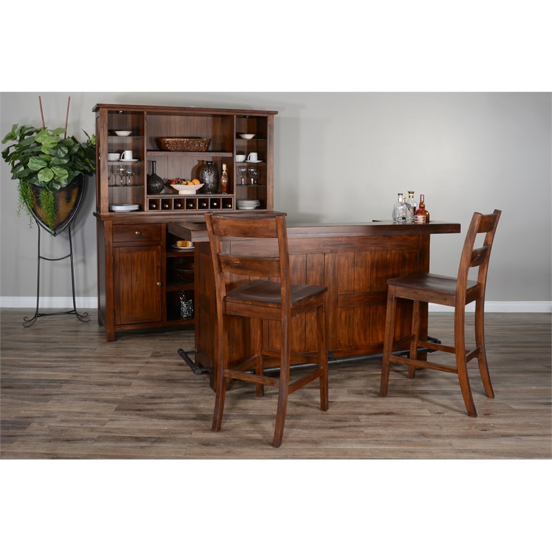 Pemberly Row Set of 3 Polished Brown Wood Bar Unit & 2 Swivel Barstool with Back
