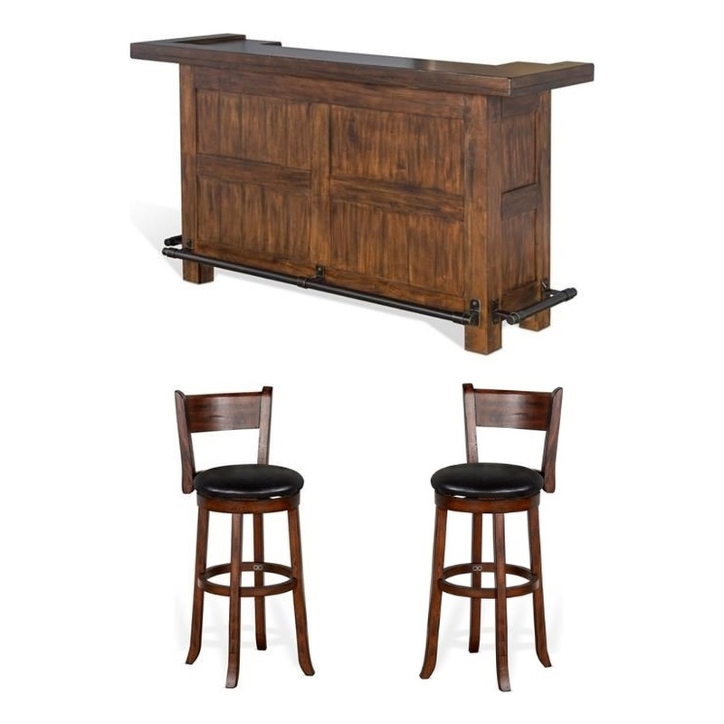 Pemberly Row Set of 3 Polished Brown Wood Bar Unit & 2 Swivel Barstool with Back