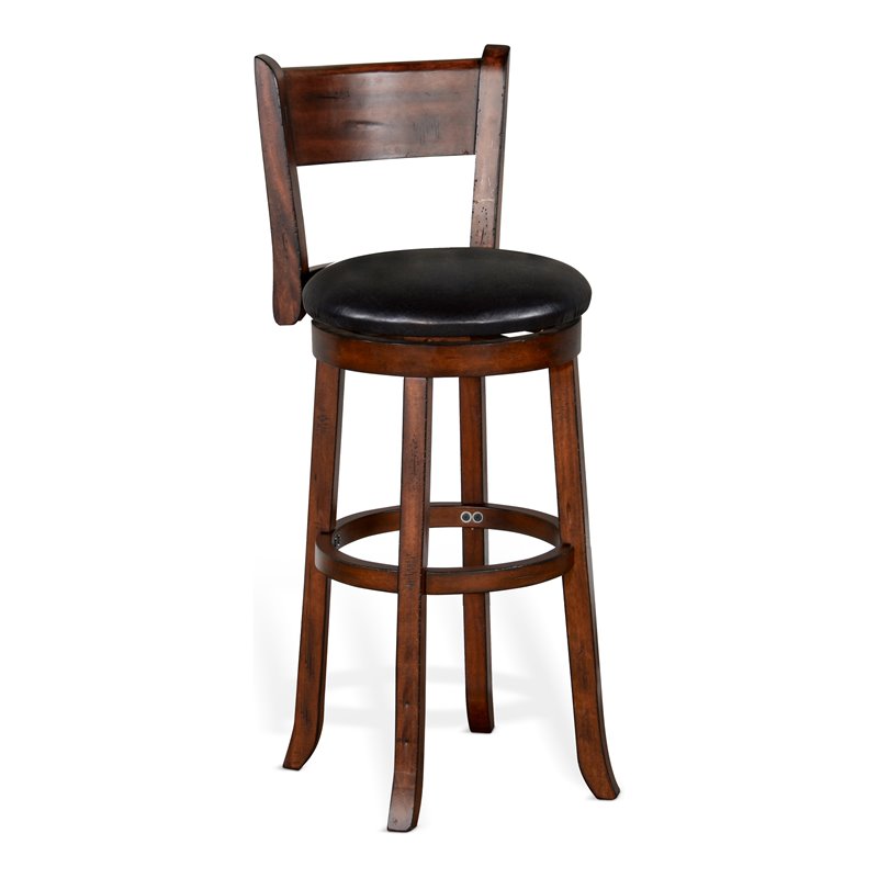 Pemberly Row Set of 3 Polished Brown Wood Bar Unit & 2 Swivel Barstool with Back