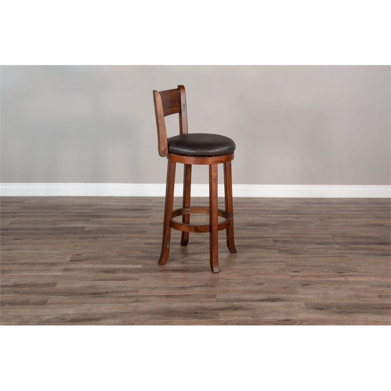 Pemberly Row Set of 3 Polished Brown Wood Bar Unit & 2 Swivel Barstool with Back