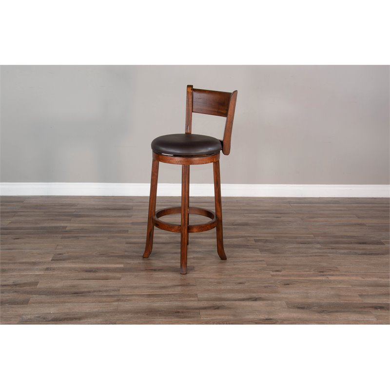 Pemberly Row Set of 3 Polished Brown Wood Bar Unit & 2 Swivel Barstool with Back