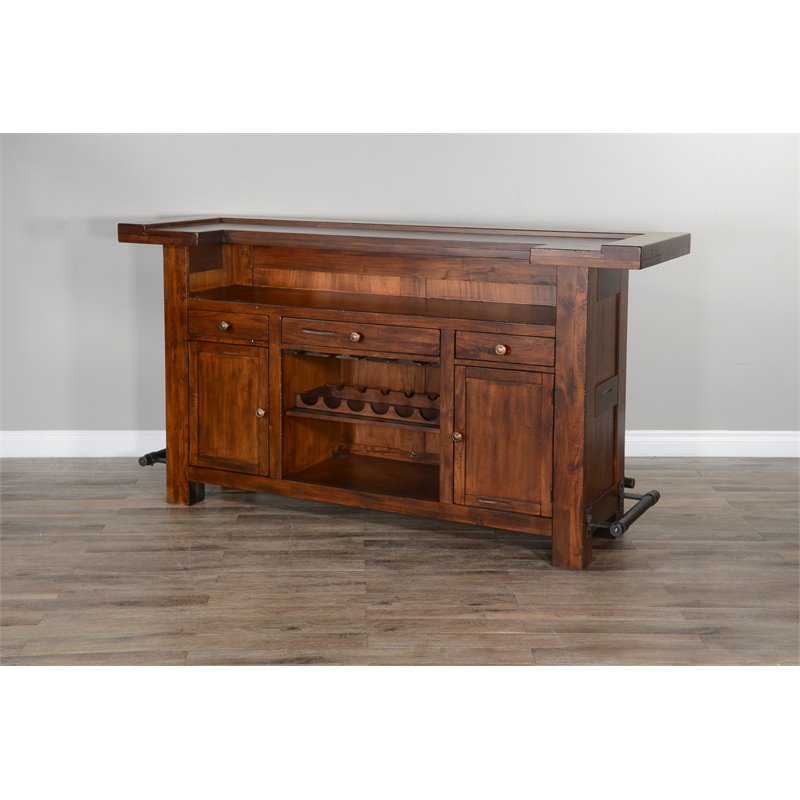 Pemberly Row Set of 3 Polished Brown Wood Bar Unit & 2 Swivel Barstool with Back