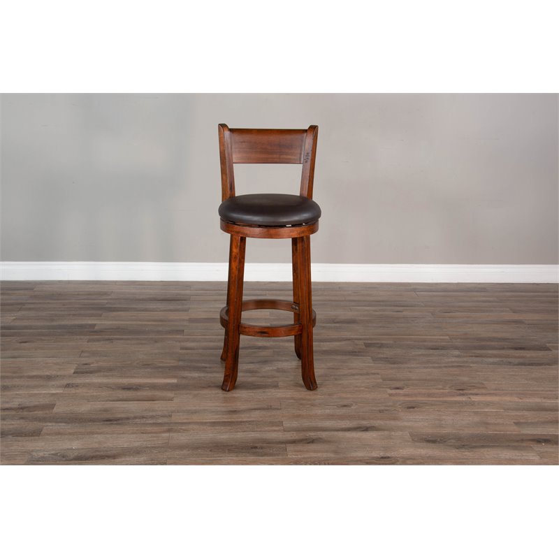 Pemberly Row Set of 3 Polished Brown Wood Bar Unit & 2 Swivel Barstool with Back