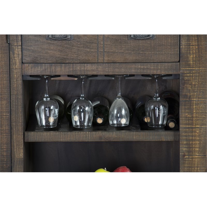 Pemberly Row Set of 3 Wood Bar Unit and 2 Ladderback Barstool in Dark Brown