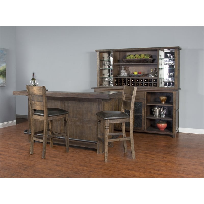 Pemberly Row Set of 3 Wood Bar Unit and 2 Ladderback Barstool in Dark Brown