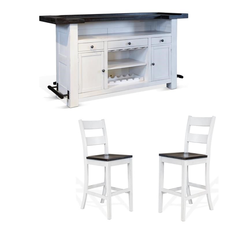 Pemberly Row Set of 3 Wood Bar Unit and 2 Ladderback Barstool - White/Brown