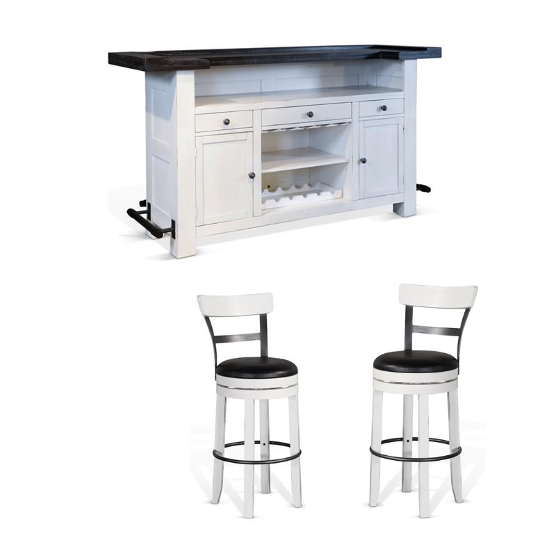 Pemberly Row Set of 3 White/Brown Wood Bar Unit and 2 Swivel Barstool with Back
