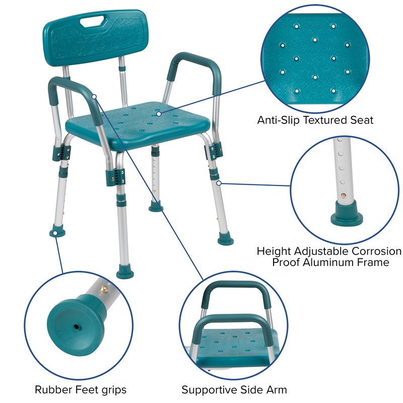 Pemberly Row Traditional Plastic Quick Release Bath Chair in Teal