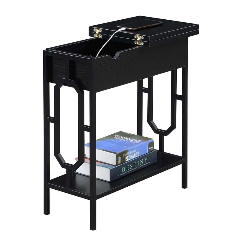 Pemberly Row Flip Top End Table with Charging Station in Black Wood Finish