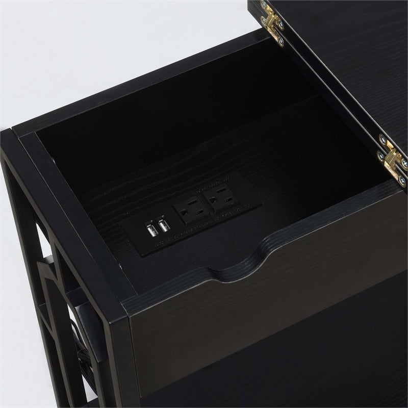 Pemberly Row Flip Top End Table with Charging Station in Black Wood Finish