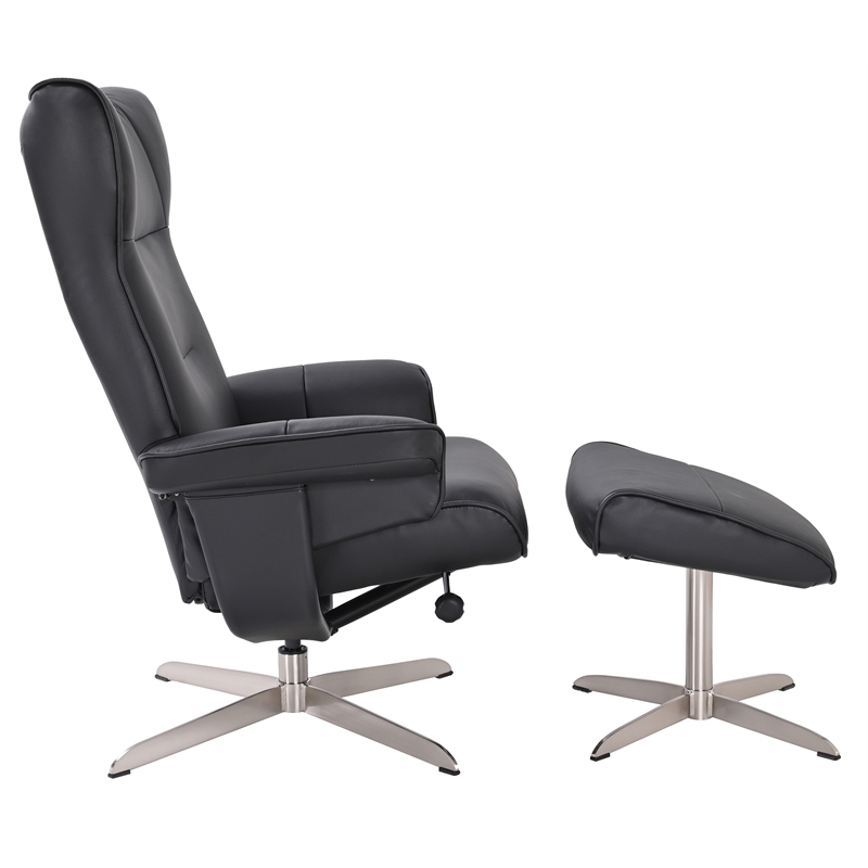 Pemberly Row Contemporary Black Leather Recliner with Matching Ottoman