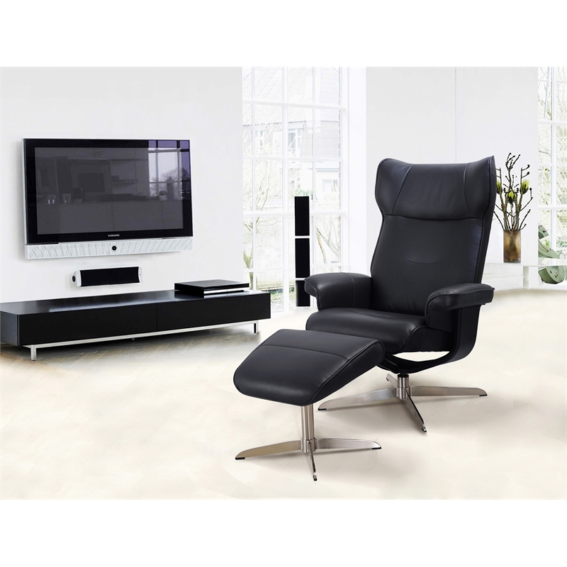 Pemberly Row Contemporary Black Leather Recliner with Matching Ottoman