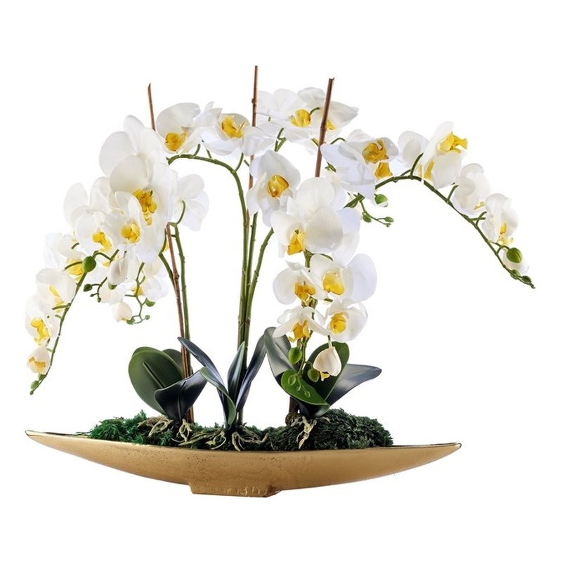 Pemberly Row Contemporary White Real-Touch Orchids in Gold Denver Boat