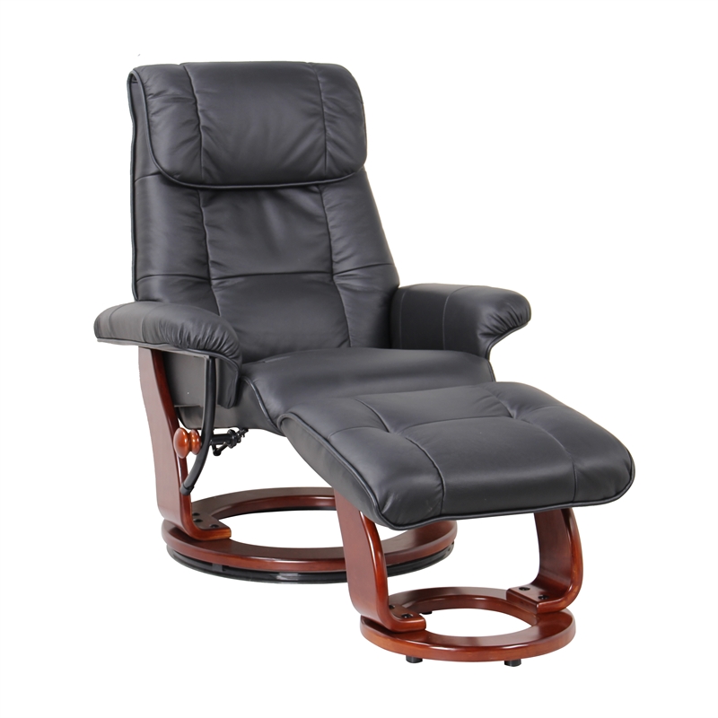 Pemberly Row Contemporary Black Leather Swivel Recliner with Matching Ottoman