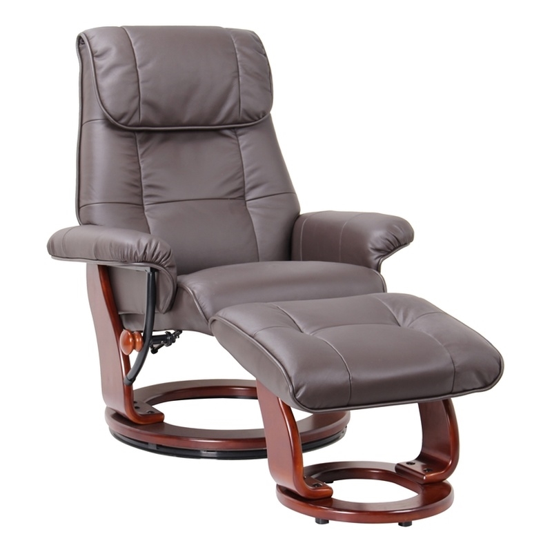 Pemberly Row Contemporary Taupe Leather Swivel Recliner with Matching Ottoman
